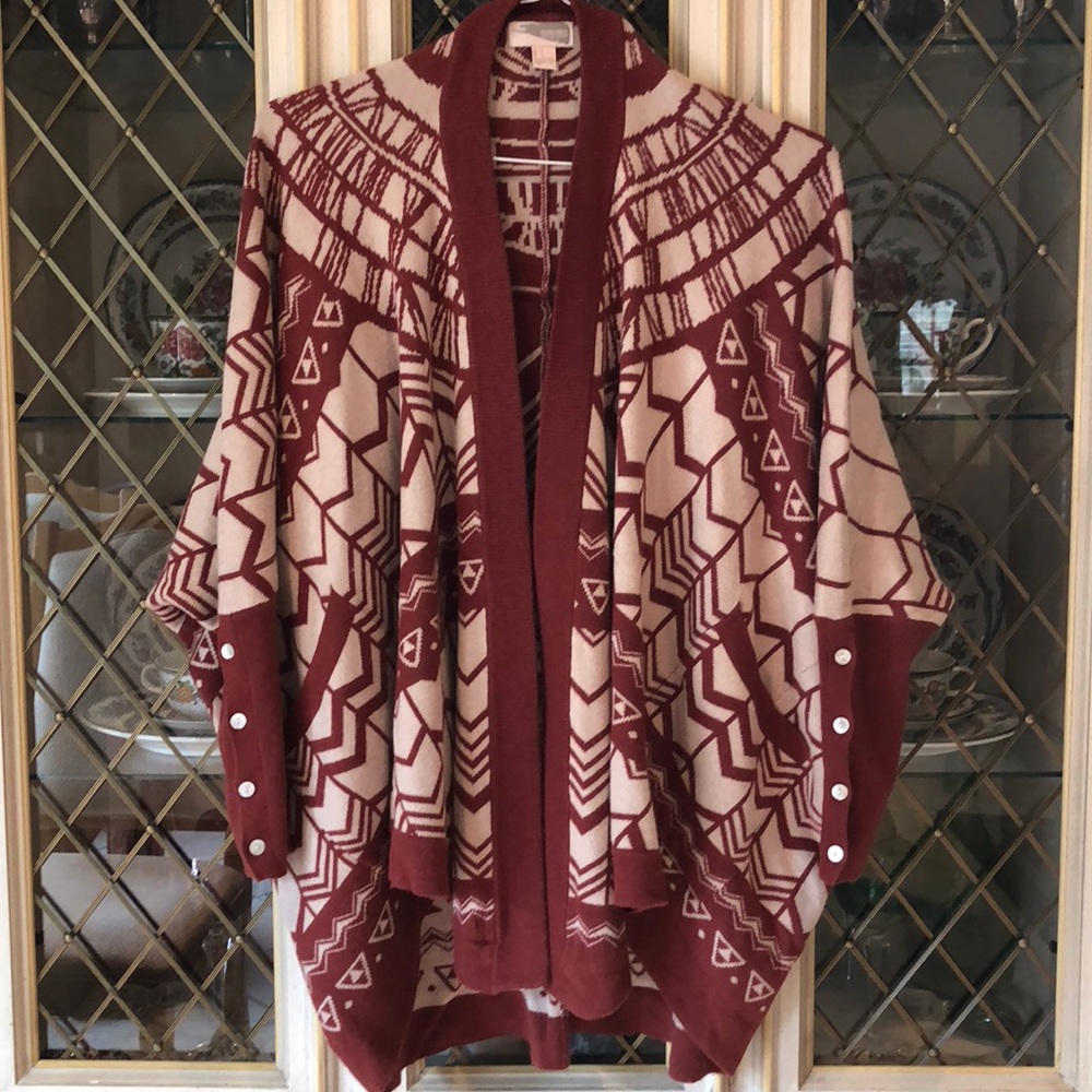 Rust and with patterned cardigan